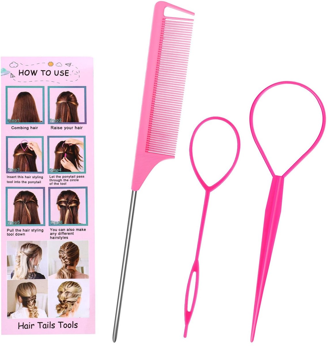 Solidchoice - Set van 3 Rattenstaartkam en Haartwisters voor Vlechten