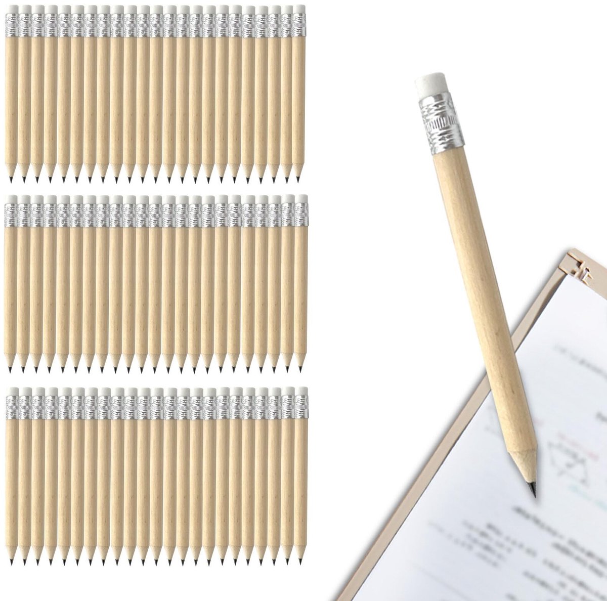 Solidchoice - Set van 120 Mini HB Potloden met Gum van Natuurlijk Hout