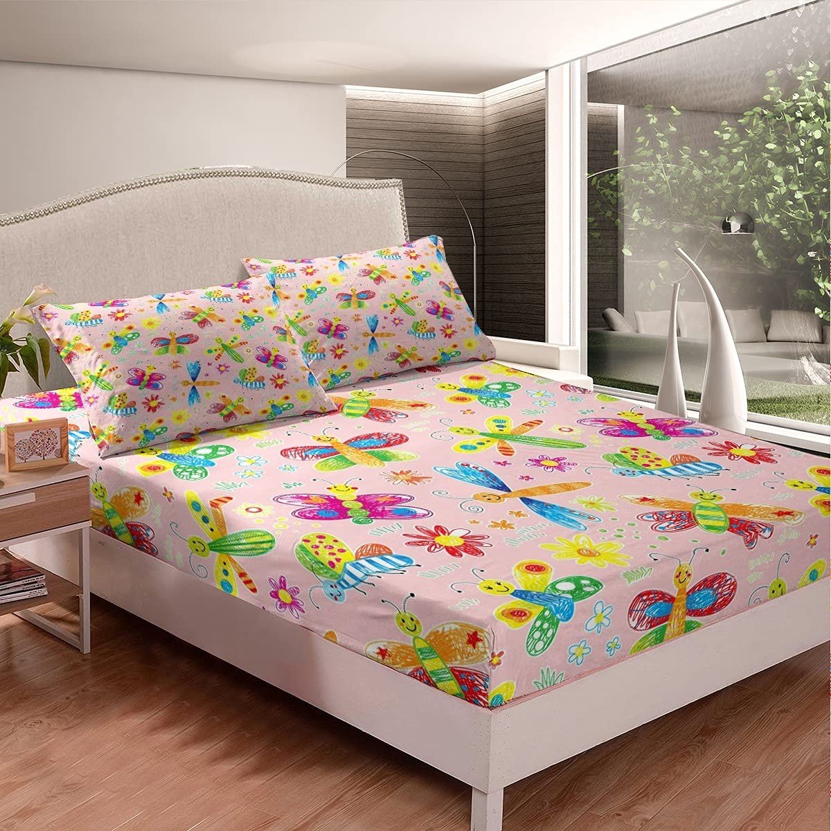 Solidchoice - Kids Fitted Sheet Set - 90x200cm met Kleurrijke Vlinders en Libellen