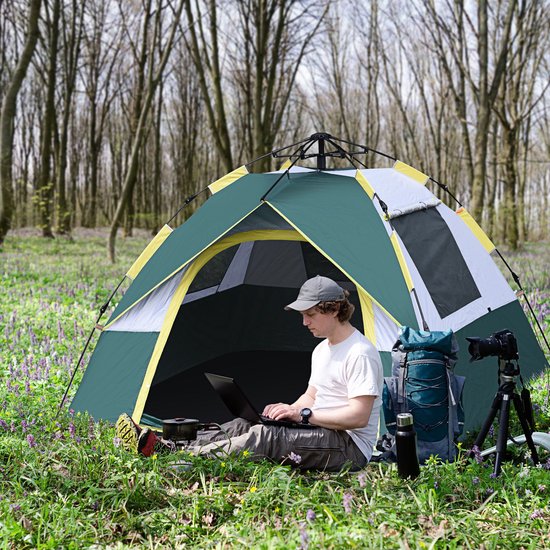 Campingtent voor 3 personen, pop-up koepeltent met raam, opbergtas, haken, grondzeil, familietent met een waterkolom van 1000 mm, tent voor kamperen, reizen, trekking en in de tuin — afbeelding 3