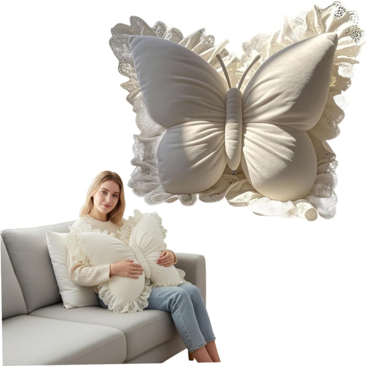 1 stuk - Sierkussen met vlindervulling - 3D-vormig - Decoratief kussen - Stoffen zitkussen - 45*45 cm - Geschikt voor huisdecoratie en als kerstcadeau - Gebroken wit