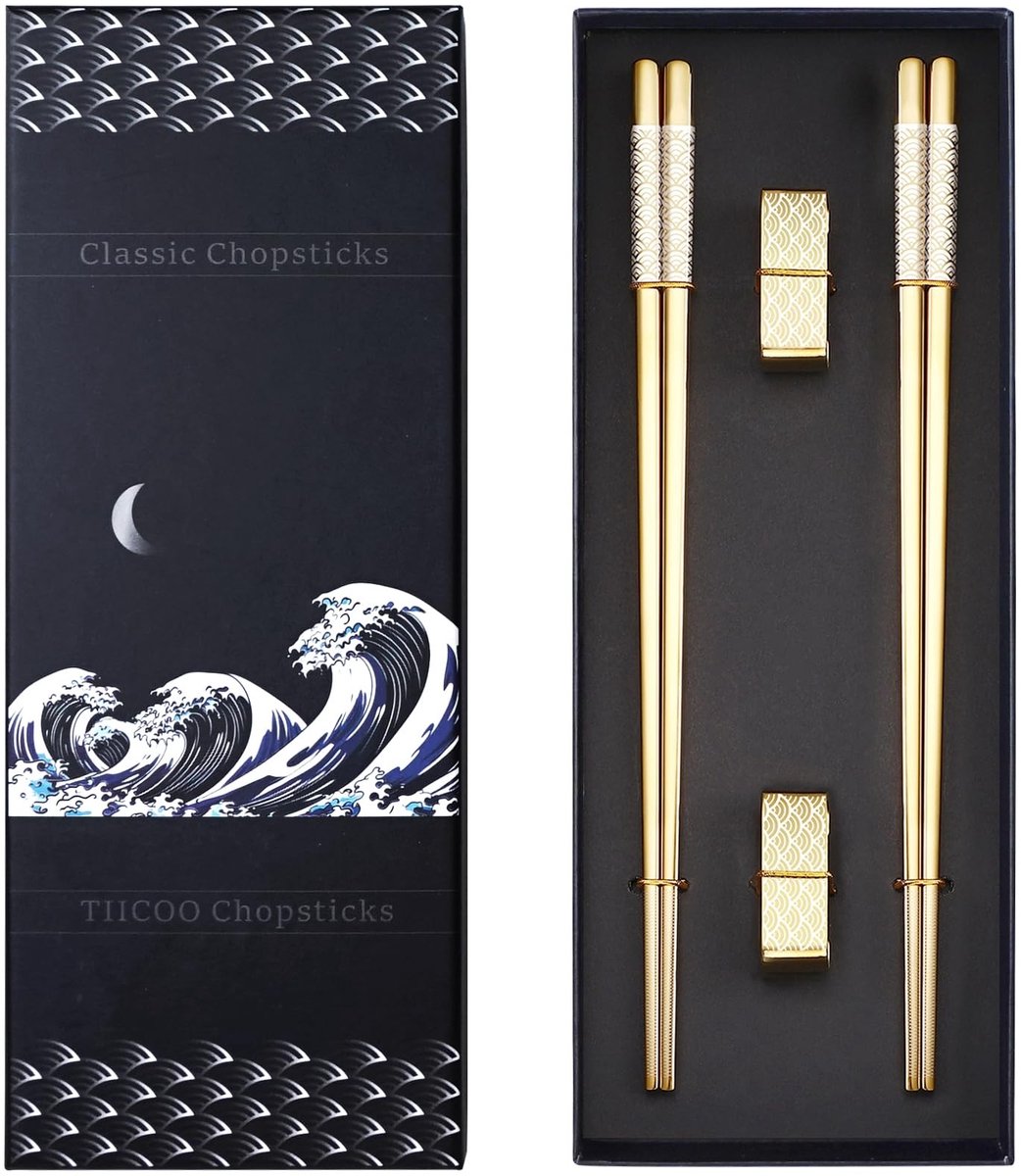 Solidchoice - Set van 2 Herbruikbare Metalen Eetstokjes met Houder Goud