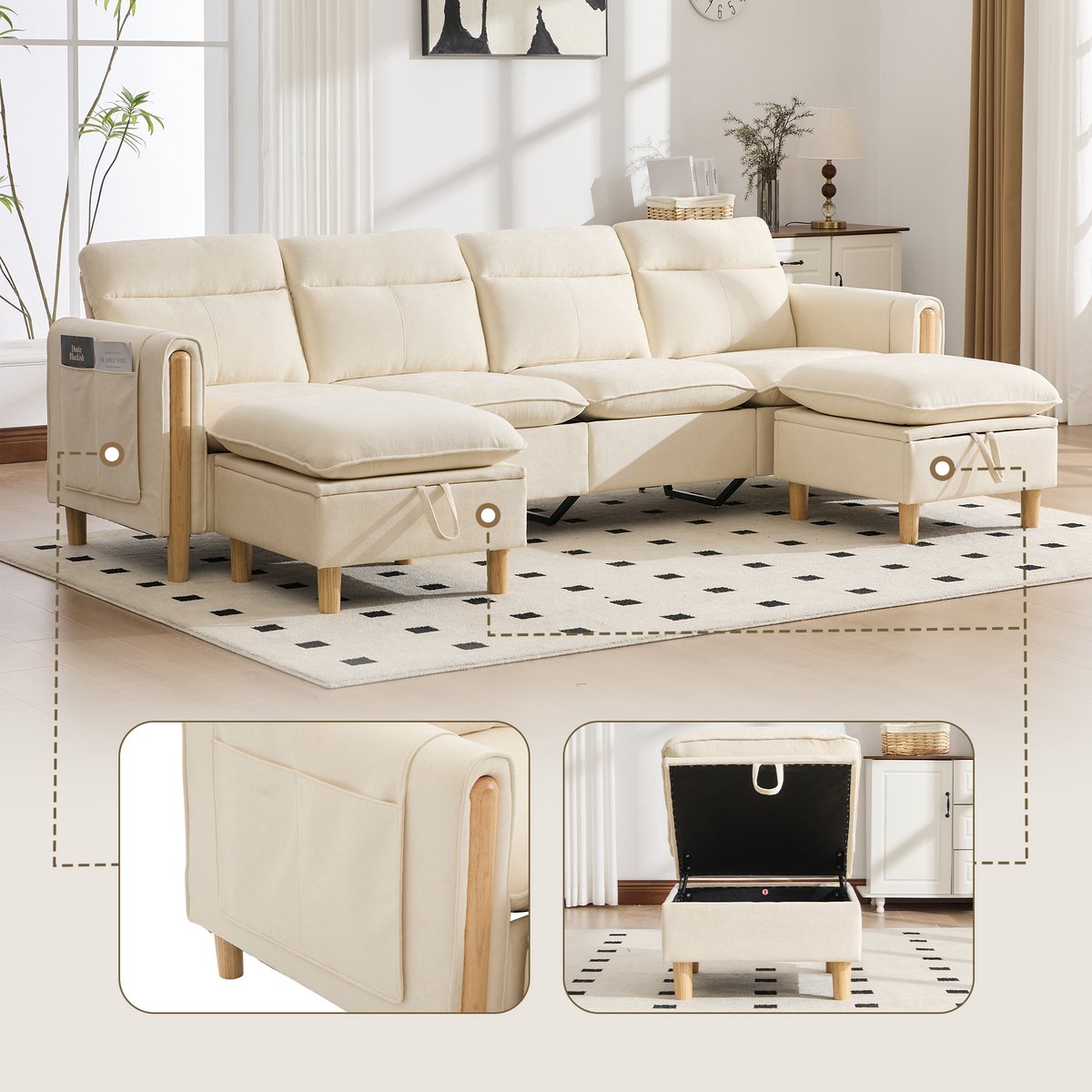 U Bank Met Opbergruimte - Luxe Chenille Lounge Bank 4 Zitplaatsen - Modulaire Hoekbank Met Verplaatsbare Hockers En Houten Poten - Beige