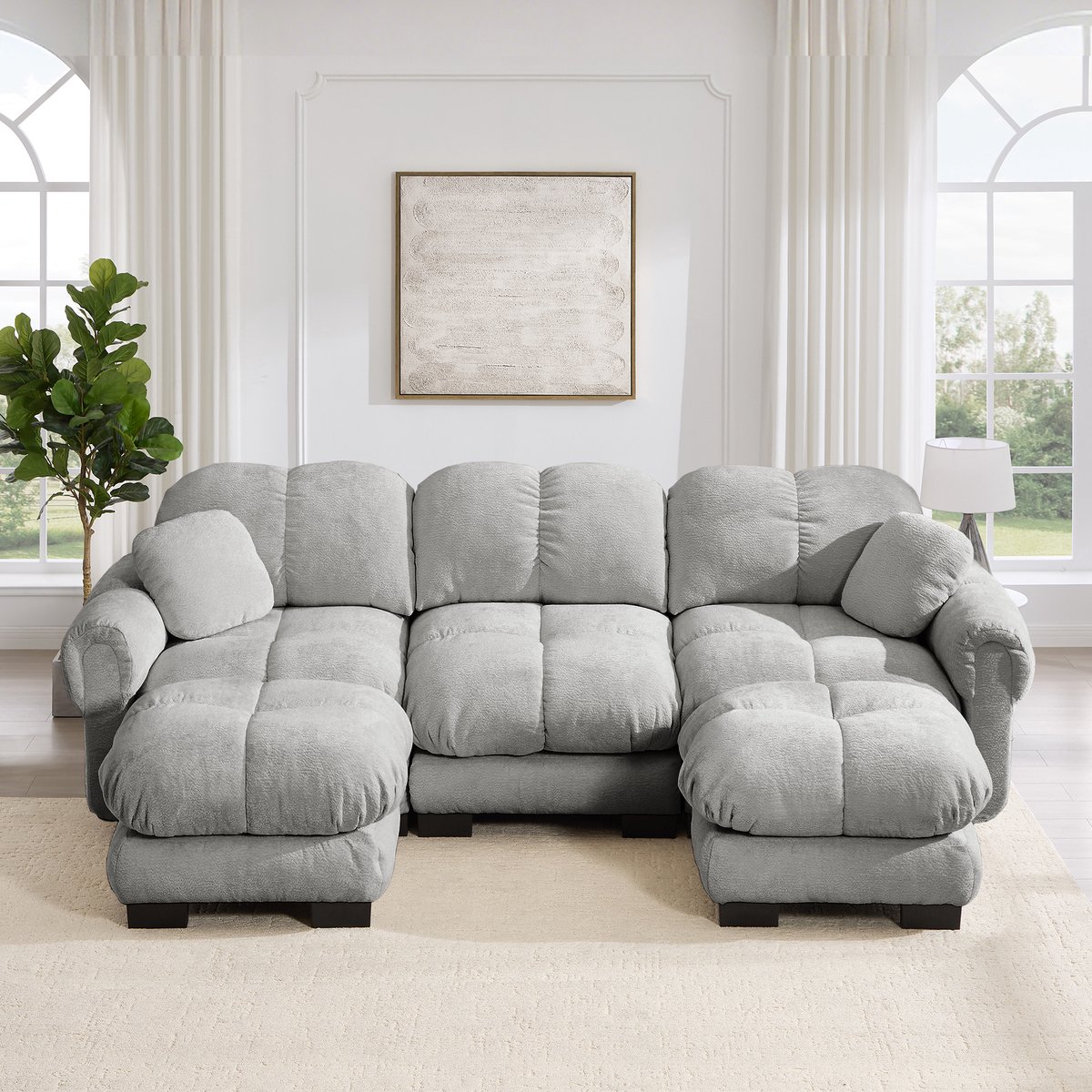 U-Vormige Hoekbank 3-Zits - Chenille Cloud Bank Met Hocker, Diepe Zit, Zachte Modulaire Lounge Sofa, Lichtgrijs