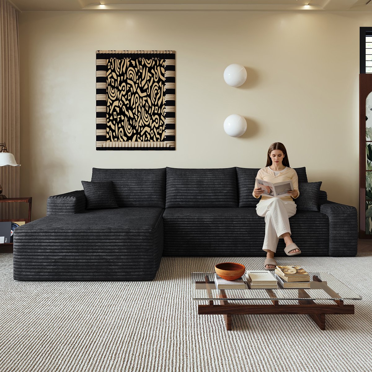 L Vormige Bank - Modulaire 3 Zits Hoekbank Met Lounge Deel - Ribstof Cloud Sofa Zonder Frame - Comfortabele Diepe Zitbank Met Veerkrachtig Schuim - Moderne Bank Zonder Montage Voor Woonkamer - Zwart