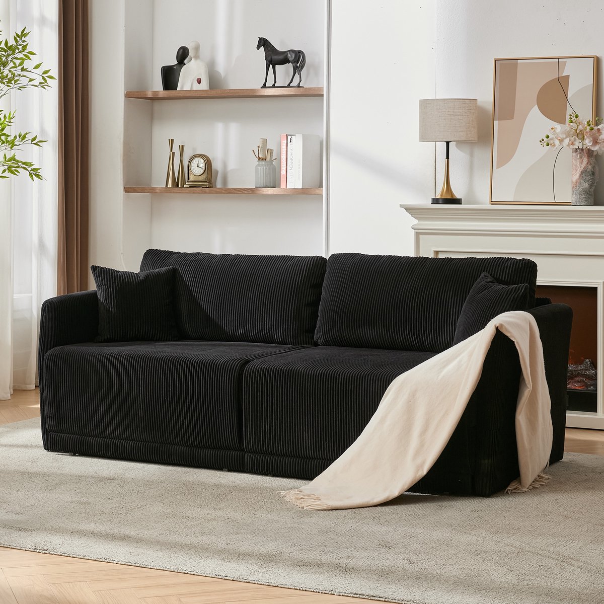 2 Zits Slaapbank - Moderne Ribstof Sofa Bed - Omvormbare Lounge Bank Met Comfortabele Schuimvulling - Compacte Bank Voor Woonkamer, Kantoor En Studio - Ruimtebesparend Design - Zwart