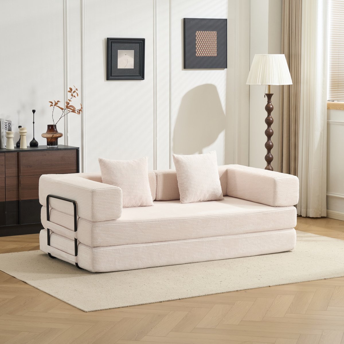 Slaapbank - 2 Zits Ribstof Sofa Bed - Japanse Lounge Bank Met Armleuningen En Kussens - Opvouwbare Vloerbank Zonder Montage - Compressie Bank Voor Woonkamer Slaapkamer Appartement - Zacht Schuim - Wit
