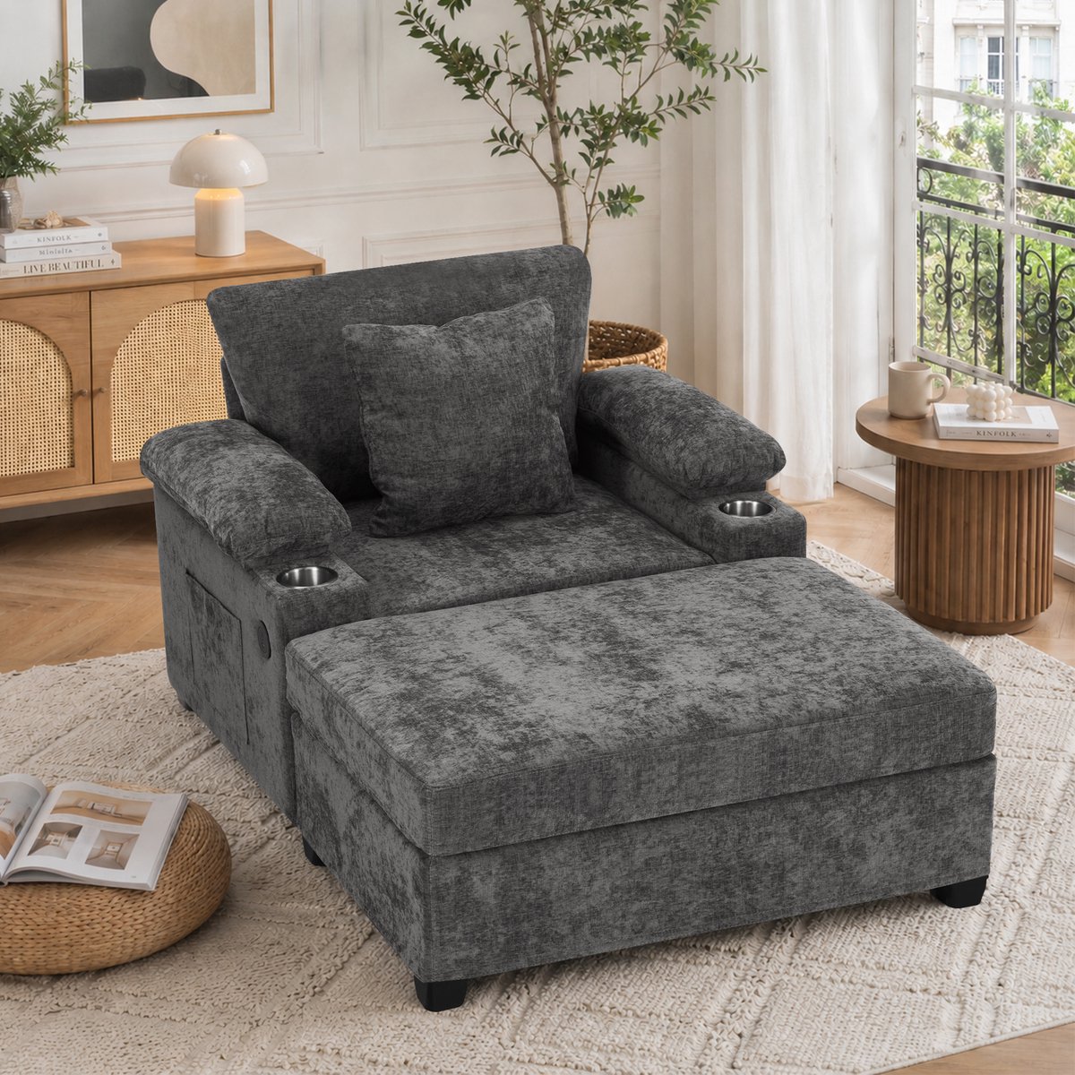 Relaxfauteuil - 1-Zits Chenille Lounge Stoel Met USB Oplaadfunctie En Bekerhouder - Verstelbare TV Stoel Met Opbergruimte En Voetensteun - Ergonomische Fauteuil Voor Woonkamer Kantoor - Donkergrijs