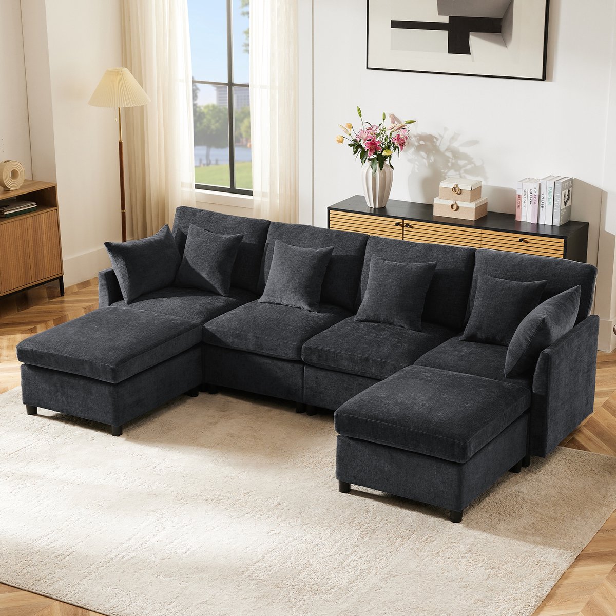 U Vormige Hoekbank - Modulaire Bank 4-6 Personen - Grijze Chenille Lounge Sofa Met 2 Hockers - Diepe Zitbank Voor Moderne Woonkamer
