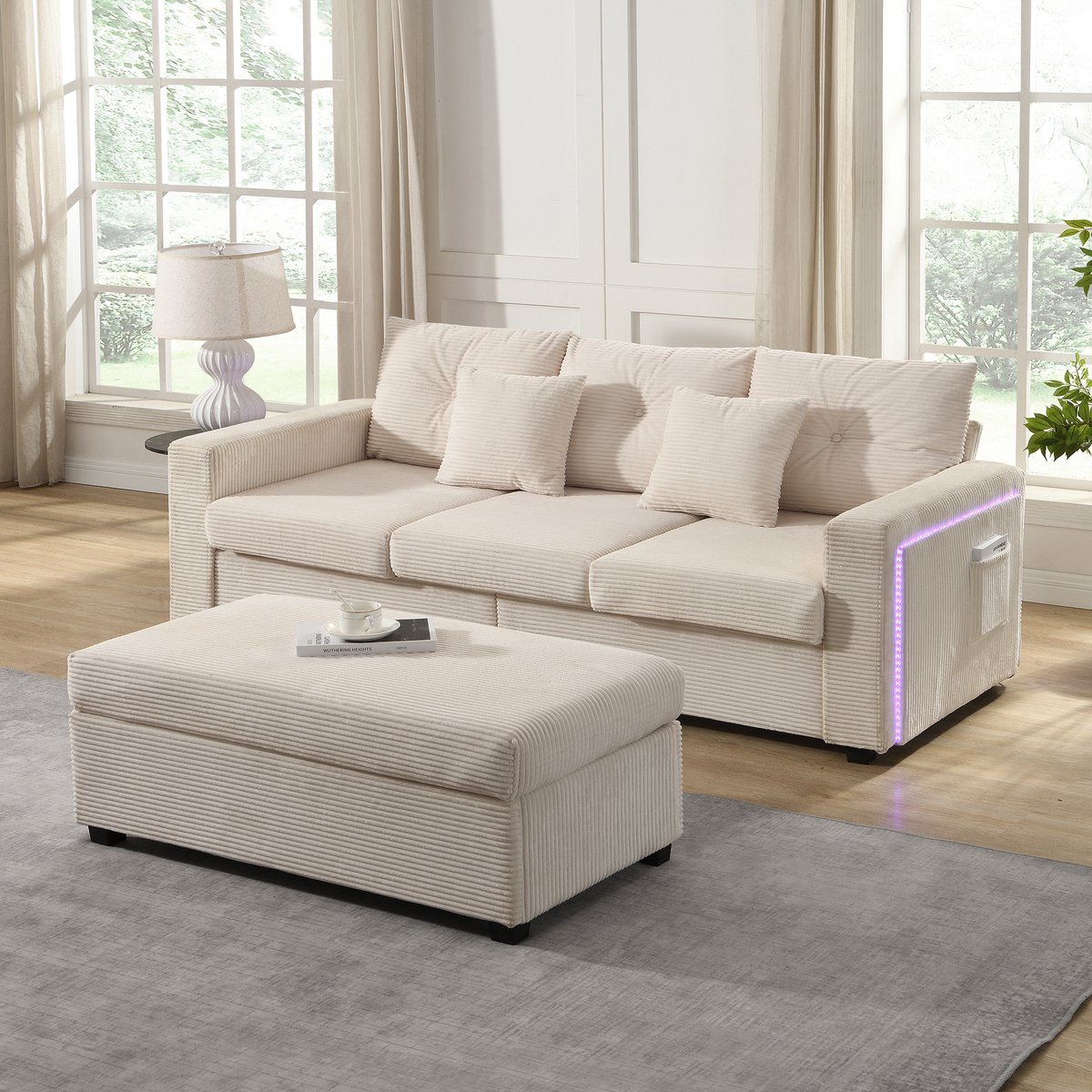 Comfortabel Sofa voor Klein Woonkamers en Families: L-Shape Set met LED Lichtjes - 184x84.5x85.5 cm, Beige