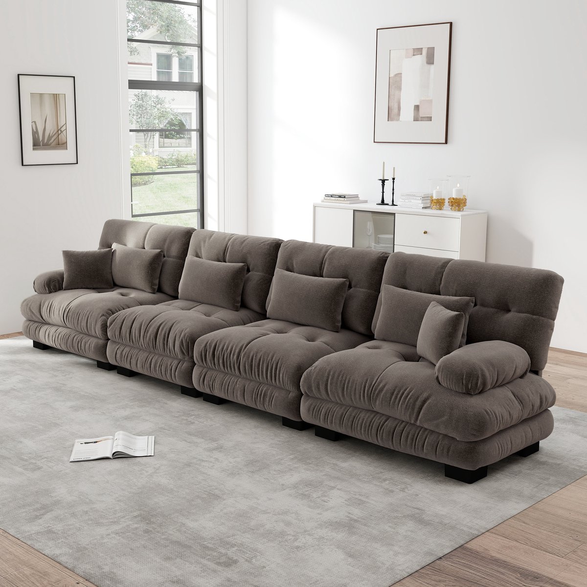 4 Persoons Modulaire Sofa - Luxe Chenille Hoekbank - Diepe Zitbank Met Bedfunctie - Comfortabele Cloud Lounge Bank Met Zachte Kussens - Moderne Bruine Sofa Voor Woonkamer