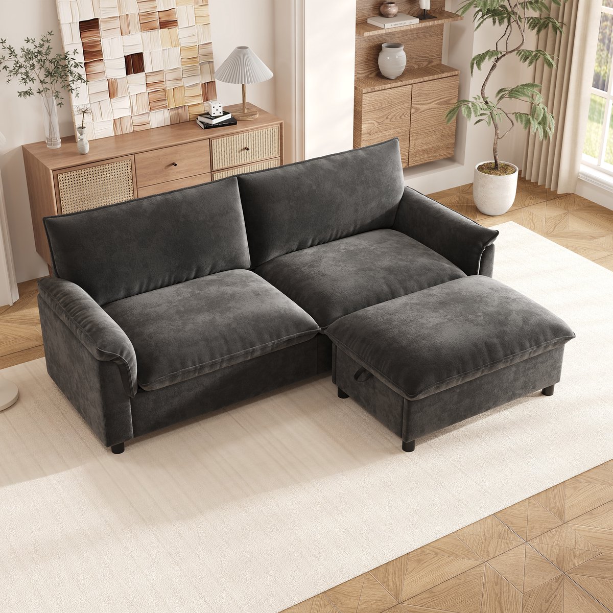 Cloud Hoekbank 3-Zits - Zwarte Chenille Modulaire Bank Met Hocker - Luxe Diepe Zitbank Met Opbergruimte, Hoge Rugleuning En Flexibele Lounge Opstelling - Moderne Hoeksofa Voor Woonkamer