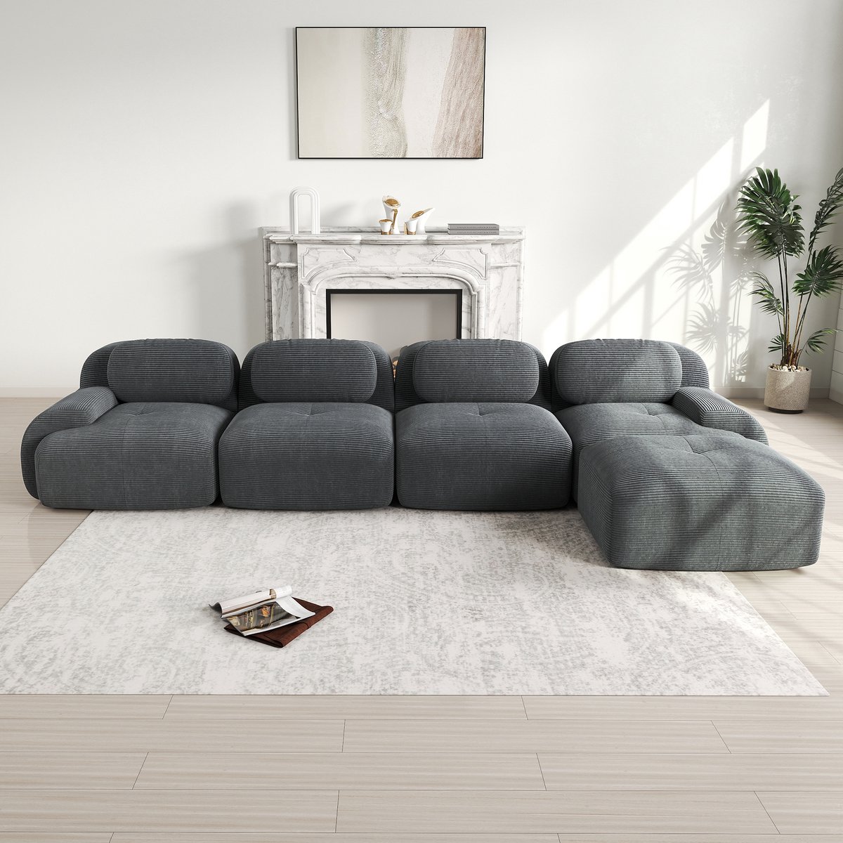 hoekbank 388x178x70 cm - Corduroy 4-zits Met Rutschfeste Constructie, Grijs