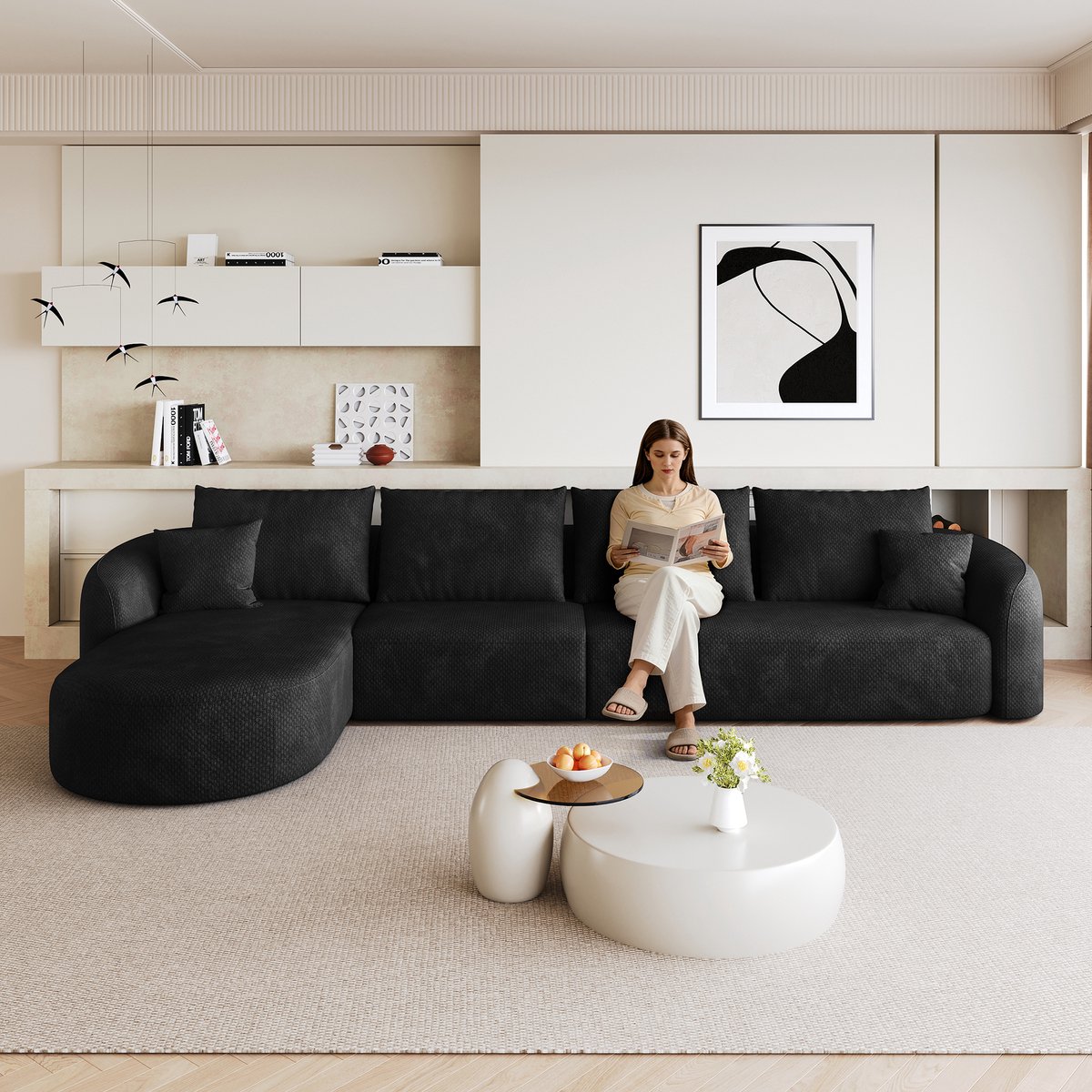 Modulaire Hoekbank 5 Zits - Chenille Cloud Sofa Zonder Frame - L Vormige Lounge Bank Met Diepe Zit En Zachte Schuimvulling - Compressie Sofa Zonder Montage - Moderne Bank Voor Woonkamer Appartement - Zwart