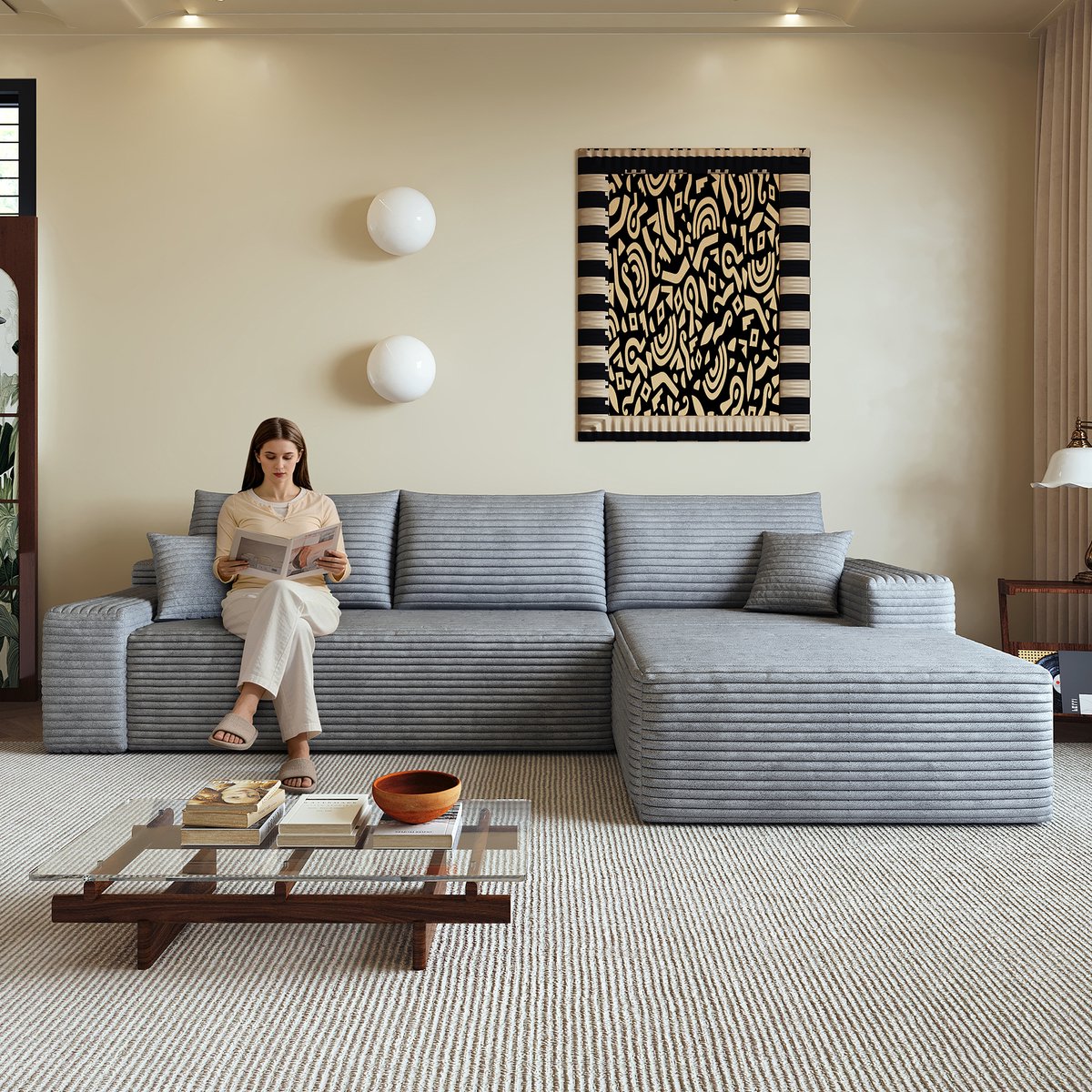 L-Vorm Hoekbank 270 cm - Modulaire Cloud Sofa 3-Zits Met Chaise Longue - Diepe Zitbank Van Ribstof - Frameloze Lounge Bank Voor Woonkamer En Appartement - Grijs