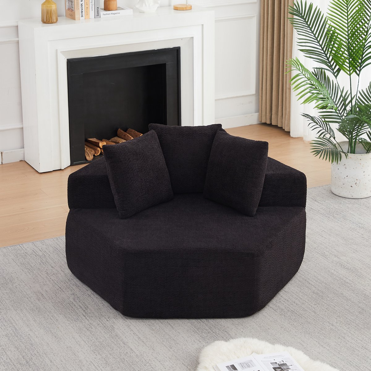 Modulaire Fauteuil - 1-Zits Chenille Lounge Stoel Met 3 Kussens - Zachte Hexagon Sofa Met Pocketvering En Schuimvulling - Moderne Relaxstoel Voor Woonkamer - Zwart