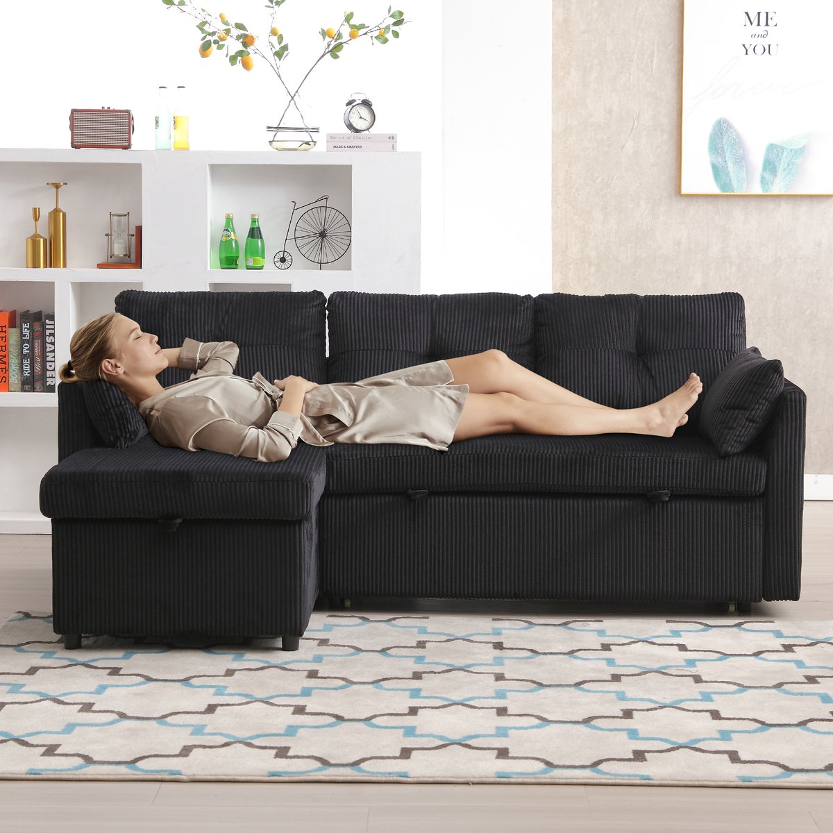 3-Zits Slaapbank - Modulaire Hoekbank Met Uitschuifbaar Bed, Opbergruimte En Verplaatsbare Chaise Longue, Ribstof, Zwart