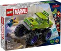 LEGO Marvel De Hulk Truck vs. Thanos. Groene monstertruck met paarse velgen, de Hulk en Thanos met blauwe en gele accenten.