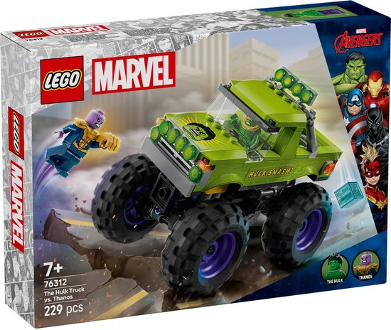 LEGO Marvel De Hulk Truck vs. Thanos. Groene monstertruck met paarse velgen, de Hulk en Thanos met blauwe en gele accenten.