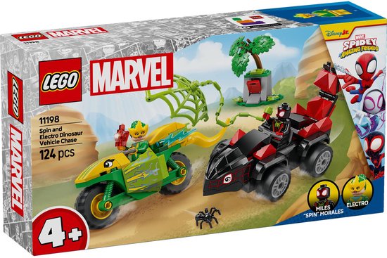 LEGO MARVEL Spidey en zijn geweldige vriendjes Spin en Electro dinosaurusvoertuigen achtervolging (124 stukjes). Groene en zwarte voertuigen met minifiguren.