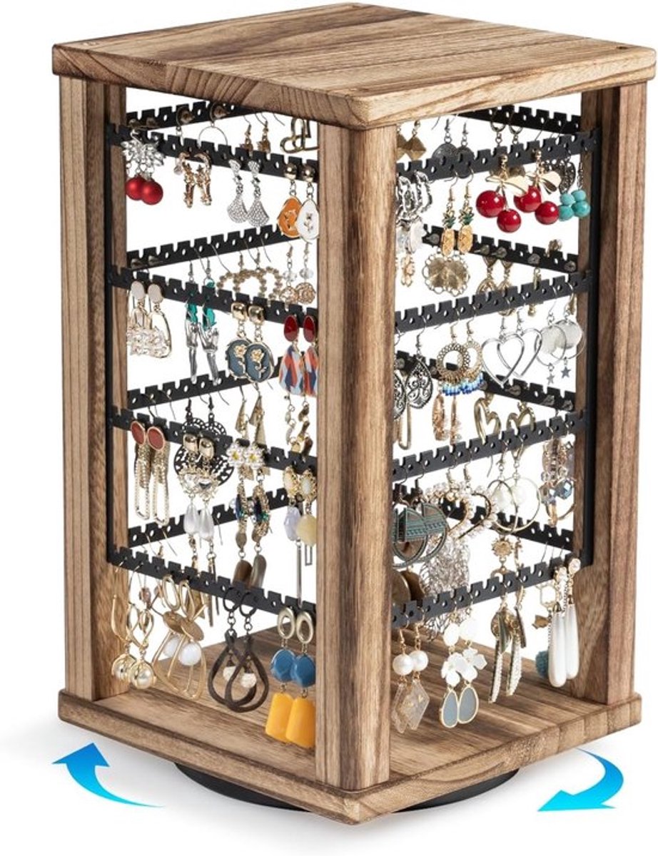 360° Draaibare Oorbellenopberger van Hout, 4 Laags Oorbellenstandaard voor Studs, Hoops en Kettingen, Perfect als Cadeau voor Vrouwen en Meisjes
