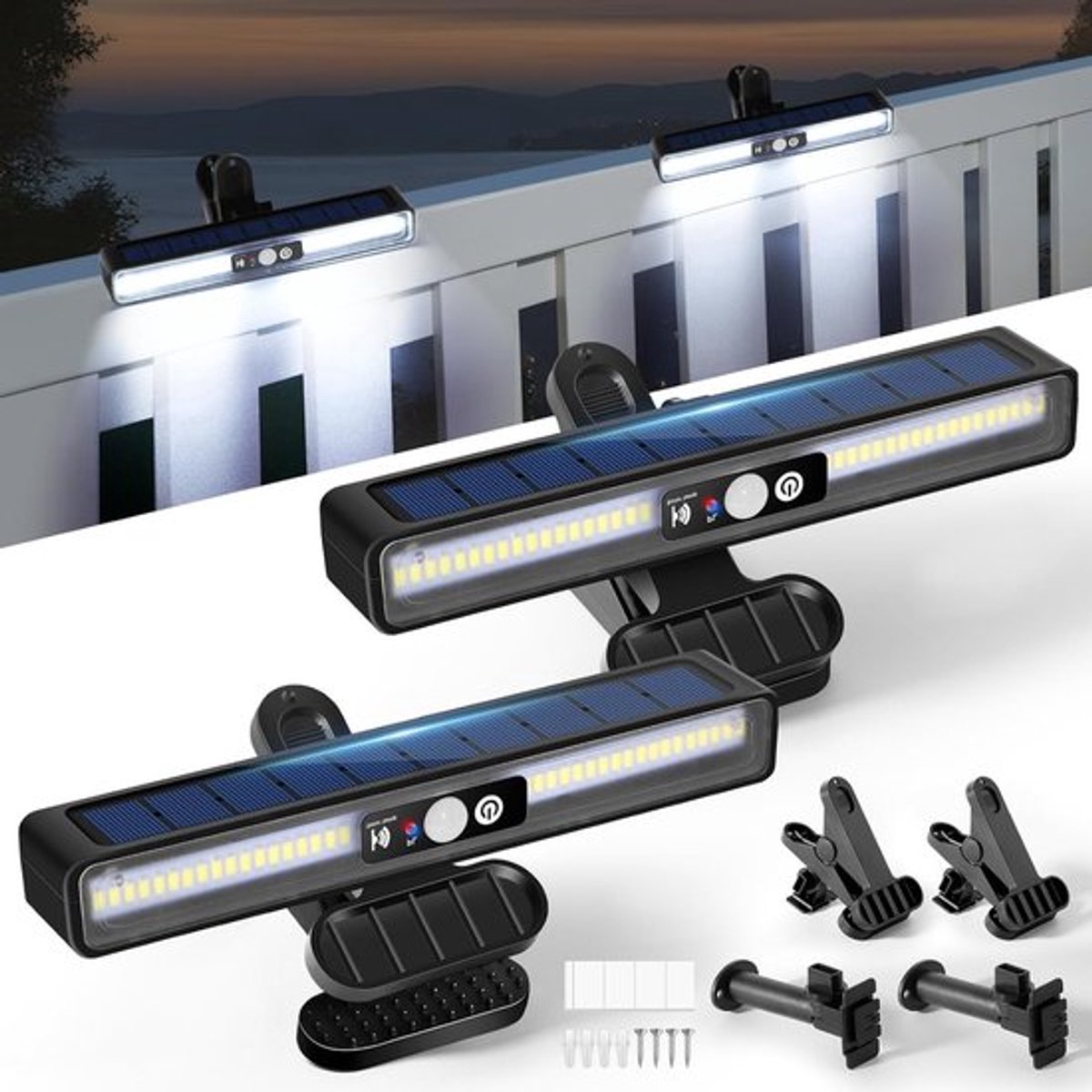 Zonne-tuinverlichting met bewegingssensor, set van 2, 3 verlichtingsstanden, 36 LEDs, waterdicht IP65, ideaal voor tuin, camping en buitenverlichting