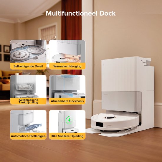 Multifunctioneel dock voor witte robotstofzuiger met zelfreinigende dweil, warmeluchtdroging, automatische tankbijvulling, afneembare dockbasis, automatische stoflediging en snellere oplading.