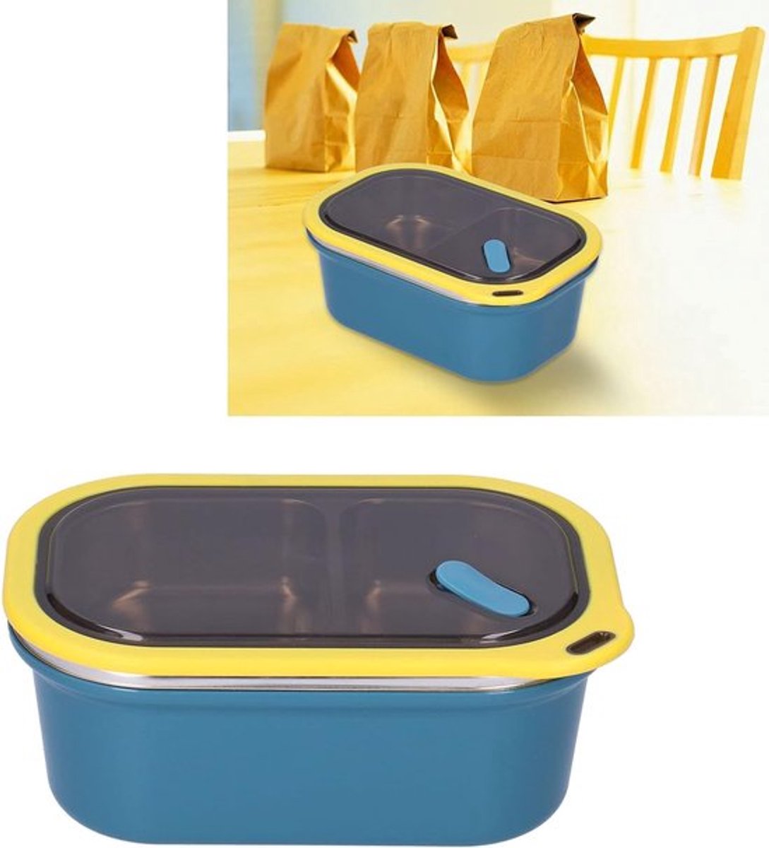 2-Laags RVS Lunchbox met 2 Compartimenten, 1.2 L, Luchtdicht en Draagbaar, Ideaal voor Werk en School, 20 x 14 x 8 cm, Blauw