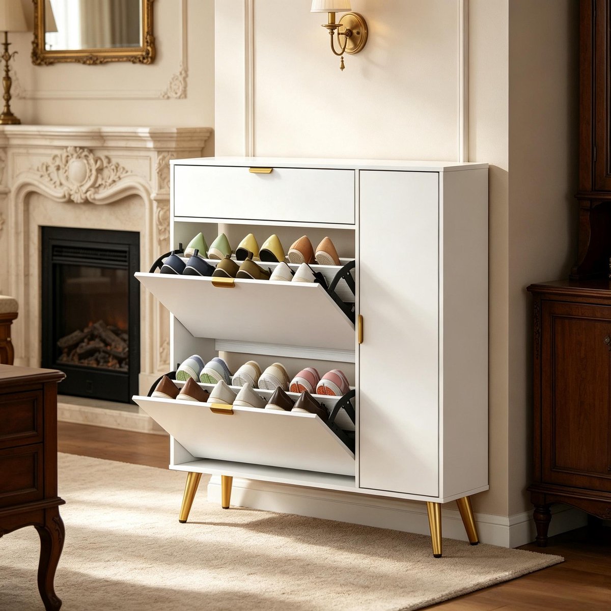 MIVRAY Schoenenkast - Smal Design Met 2 Kleppen En Zijkast - Voor Hal En Entree - MDF En Spaanplaat - 99,4x23,8x106,6 Cm - Wit