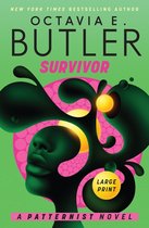 Boekomslag voor 'Survivor' van Octavia E. Butler, met een groen silhouet van een hoofd, abstracte vormen en de tekst 'Large Print'.