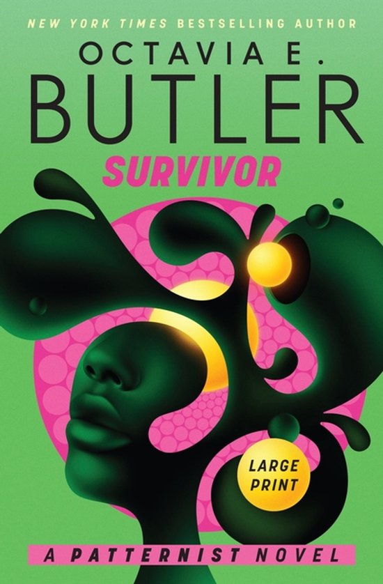 Boekomslag voor 'Survivor' van Octavia E. Butler, met een groen silhouet van een hoofd, abstracte vormen en de tekst 'Large Print'.