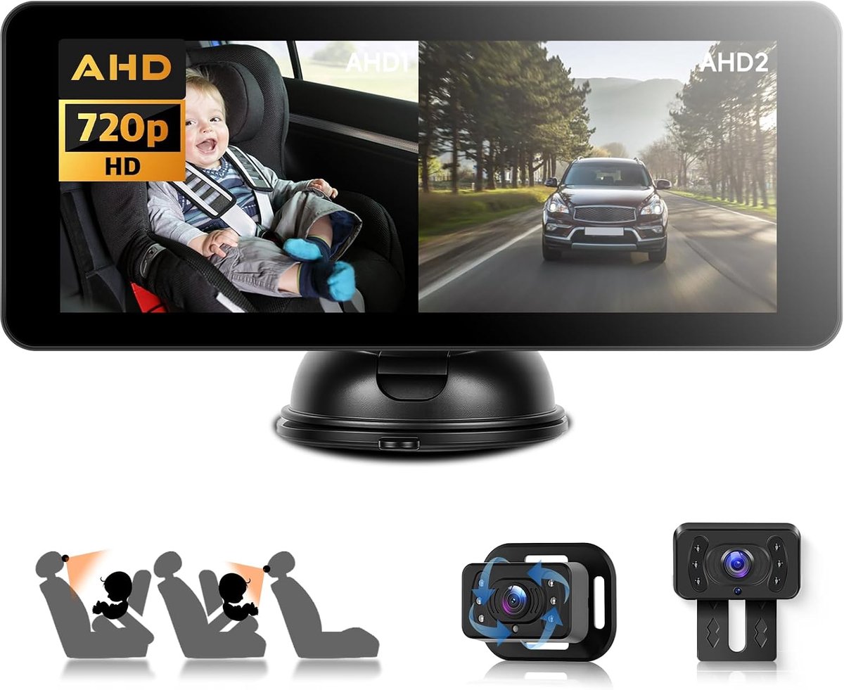 VECHTEL Dual Baby Car Camera for Kids with 6.86 Inch HD 720P Screen with Reversing Camera, 360° Rotatable Night - ShopVlot