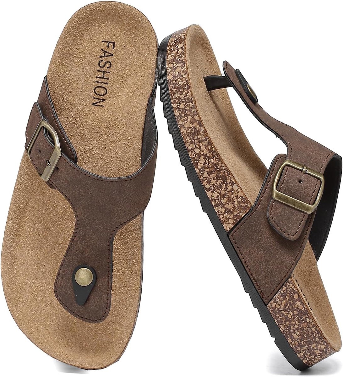 Unisex Toe Separator Sandals for Men and Women Non-Slip Summer Sandals Cork Footbed Comfortable Lightweight Leather - ShopVlot