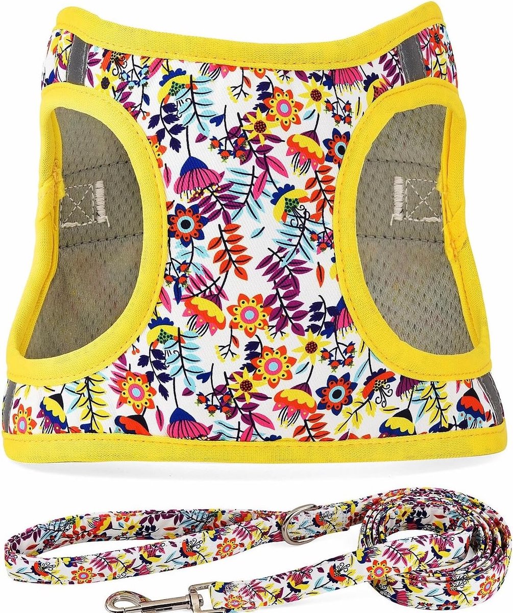 Step-in Dog Harness and Leash Set, Any Weather Type, Reflective, No Pulling, Floral Pattern, Padded Mesh Cats Puppy - ShopVlot