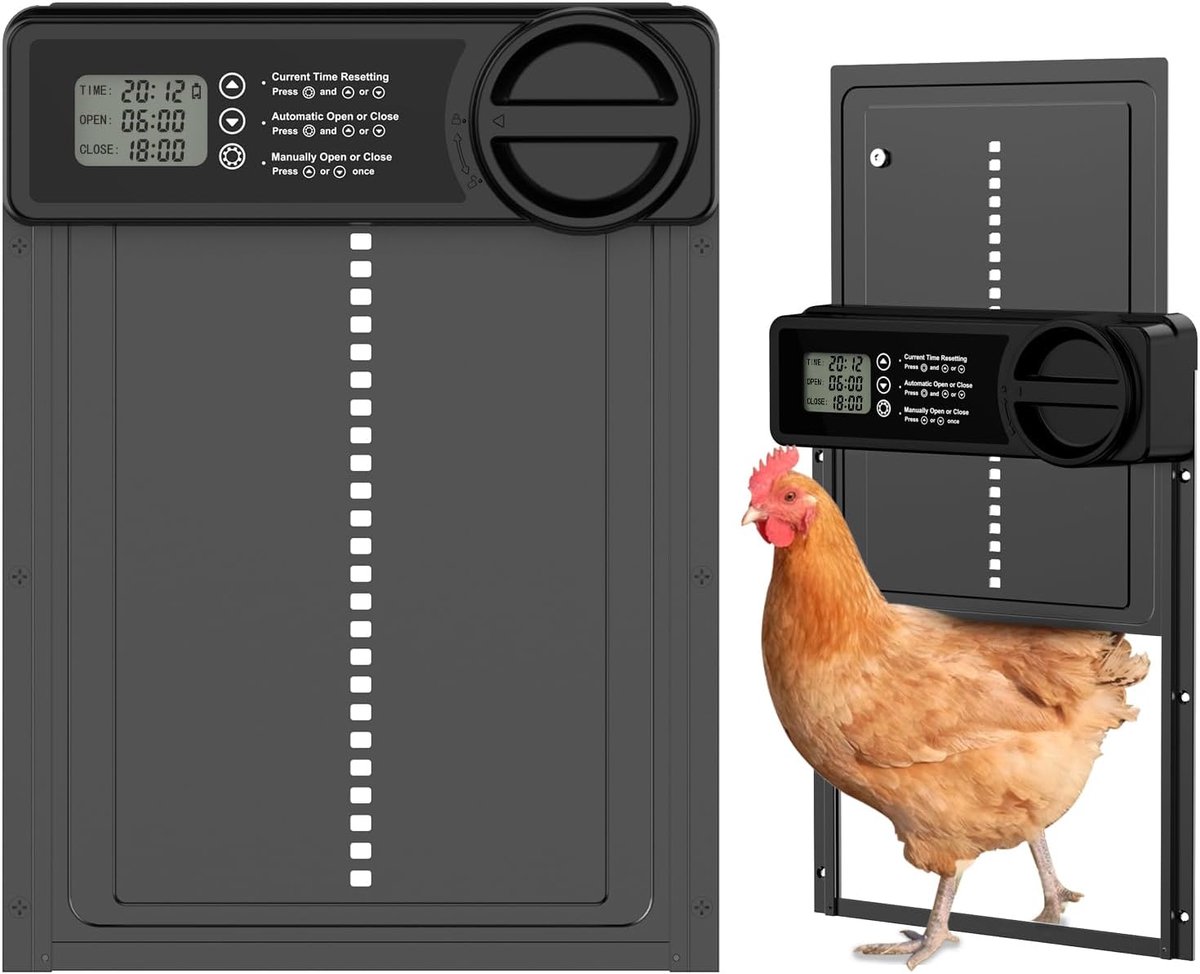 Nieuwe 2e Generatie Automatische Kippenhokdeur — Op batterijen werkende elektrische hokdeur — Voorzien van slimme timer, anti-klembeveiliging en LCD-display — Geschikt voor kippen, eenden, ganzen en ander gevogelte — Zwart