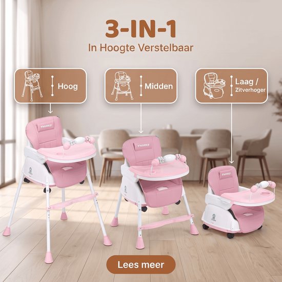 Twinky® Kinderstoel - 2-in-1 Kinderwagen Set - Roze - Inklapbare Eetstoel & Baby Wagentje en Babystoel Voor Aan Tafel - Kinderzetel, Peuterstoeltje en Meegroeistoel in 1 van Twinky — afbeelding 4