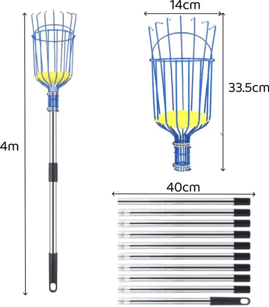 Fruitplukker - fruitoogstmachine - fruitplukker met telescopische steel - tuingereedschap - geschikt voor de meeste fruitsoorten - blauw - 33,5 x 14 cm - totale lengte 4 meter — afbeelding 2