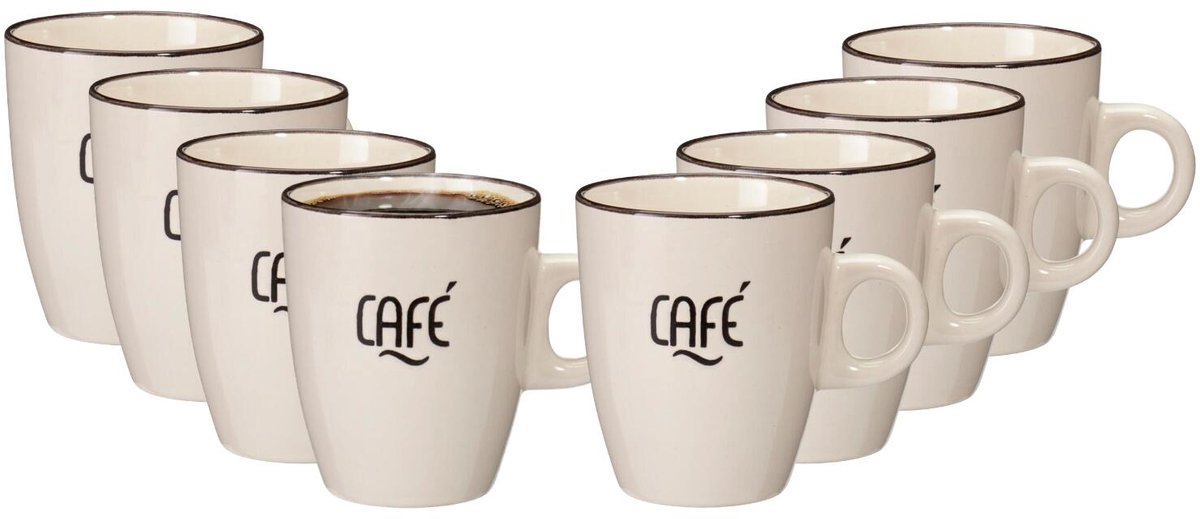 Siaki koffie kopjes Barista Cafe - 8x stuks - creme wit - 220 ml - mokken - keramiek - 10 cm - met koffie thema teksten