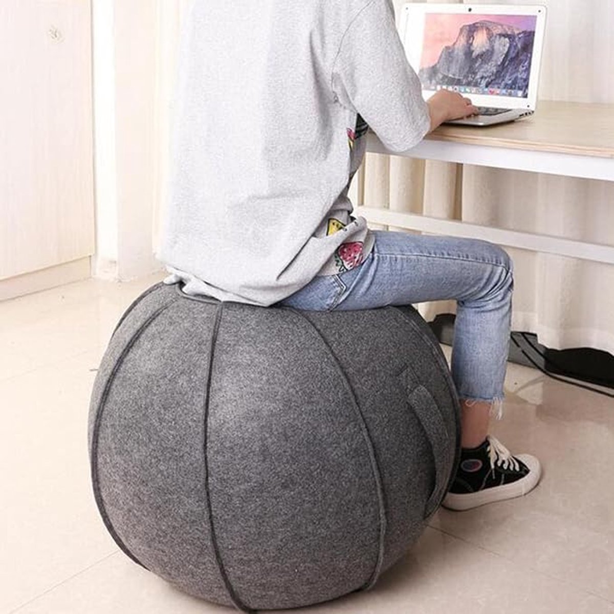 Zitbal 65 CM - Zitbal met Hoes - Ergonomische Bureaustoel Kantoor en Thuis - Luxe Yoga Bal - Donker Grijs