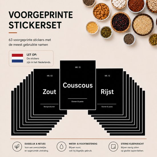 Zwarte stickers met witte tekst: Zout, Couscous, Rijst, en vele andere ingrediënten.