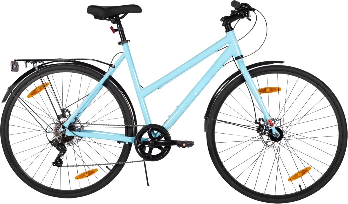 Stadsfiets 71 cm – Voor dames en heren voor woon-werkverkeer en dagelijks gebruik – Met 7 versnellingen, spatborden en bagagedrager – Blauw aluminium frame