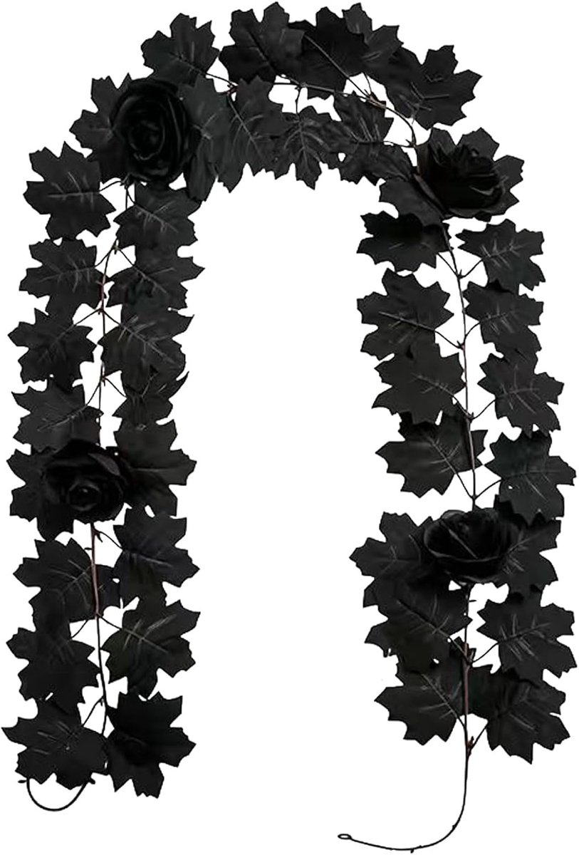 Zwarte decoratieve Halloween-slinger (1,75 m) — voorzien van esdoornbladeren en zwarte rozen; perfect voor het creëren van een griezelige, mysterieuze sfeer op schoorsteenmantels, veranda's en trappen.