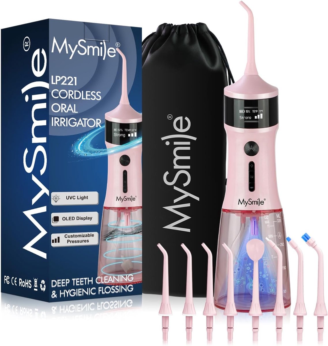 Waterflosser Draadloos – 335 ml – 4 Modi & 3 Drukstanden – OLED Display – UVC – 8 Opzetstukken
