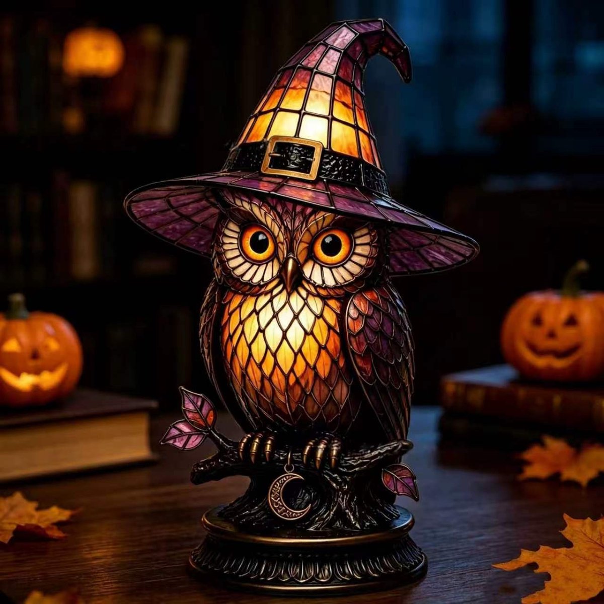 Casalora® Halloween Heksenhoed Lamp – Gotische Hars Decoratie met LED Licht – Magische Nachtlamp voor Tafel, Woonkamer & Feestdecoratie – Paarse Hoed - Uil