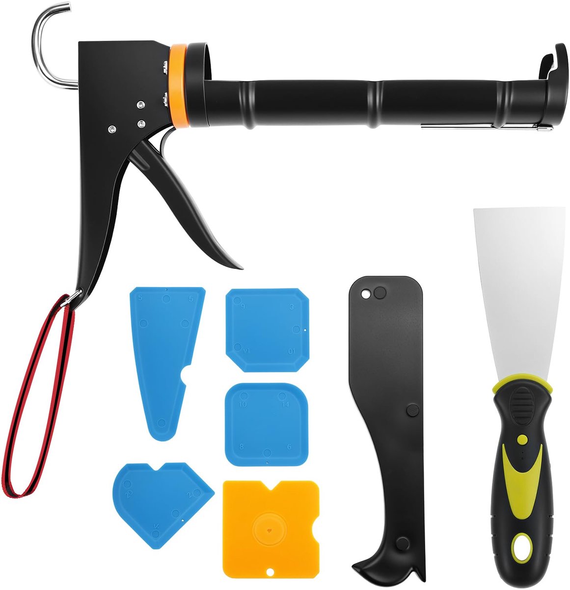 Professionele Kitspuit Set - Siliconenkit Pistool met Spatel & 6 Voegenstrippers - Kitgereedschap voor Afdichten, Tegelwerk & Voegenverwijdering - Complete Set voor Badkamer, Keuken, Sanitair & Renovatie