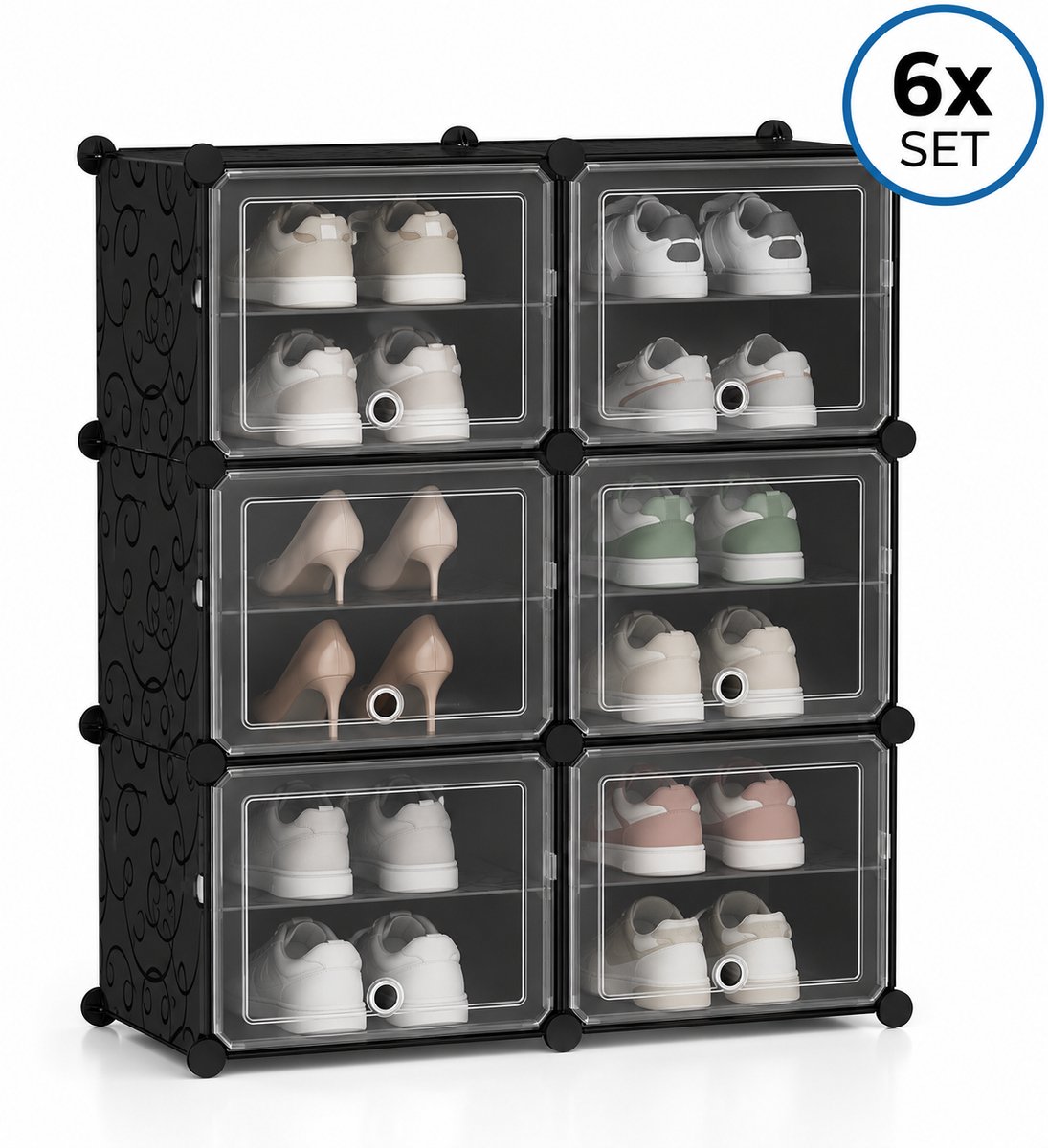 Bobbel Home Schoendozen set van 6 - Opbergdozen voor schoenen - Schoen organizer - Tot maat 45 - Transparant zwart