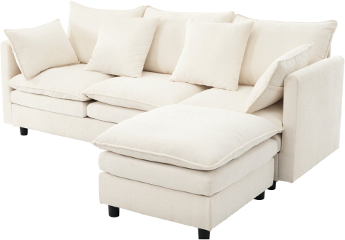 1 L-vormige hoekbank, beige, met verplaatsbare chaise longue, 3-zitsbank, moderne chenille bank, met 4 sierkussens, voor woonkamer en appartement