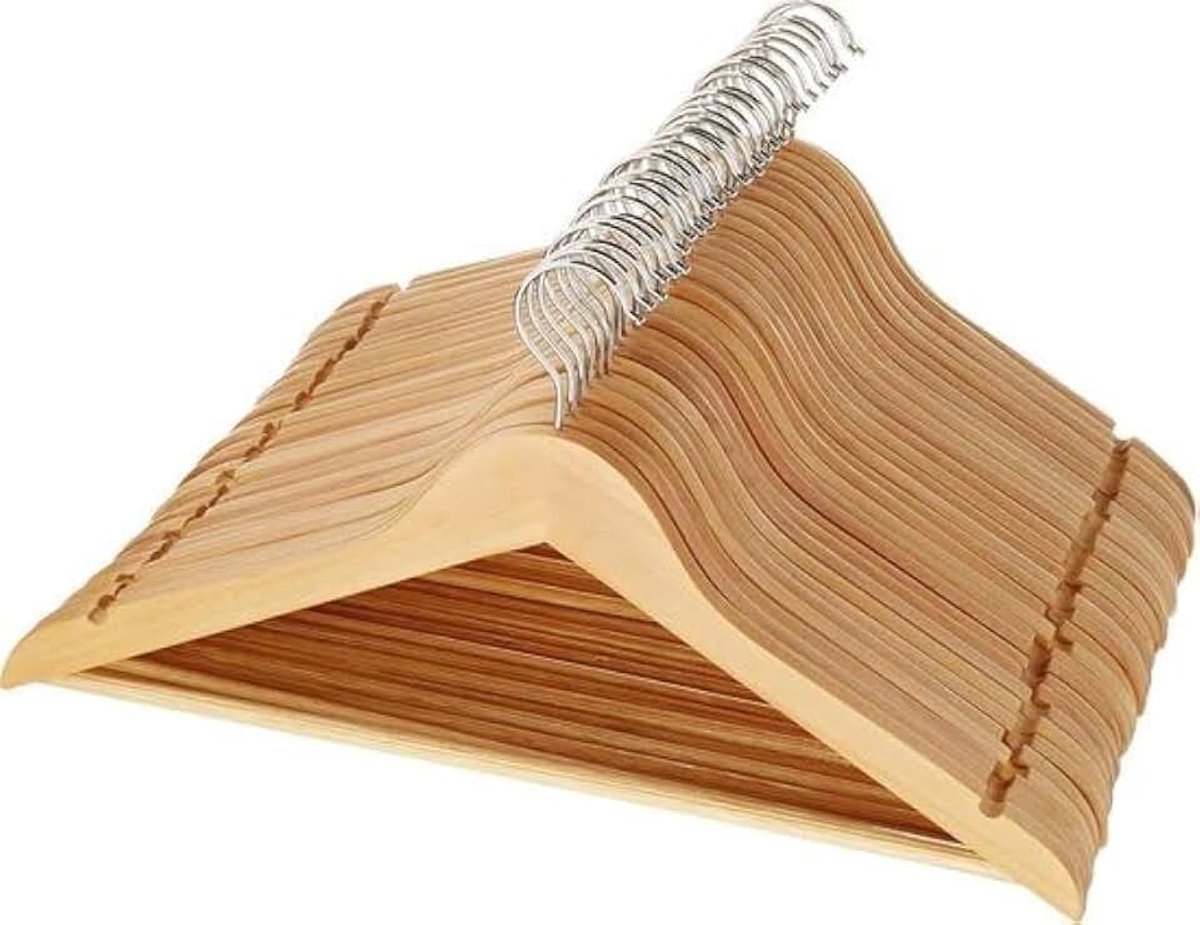 Kledinghangers van hout, 30 stuks, met inkeping en broeklat, bruine kleur