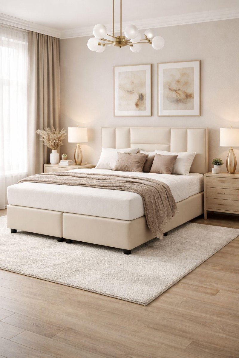 RAHA BED Luxe Boxspring 140x200 cm - Inclusief Matras - Hoofdbord - Crème