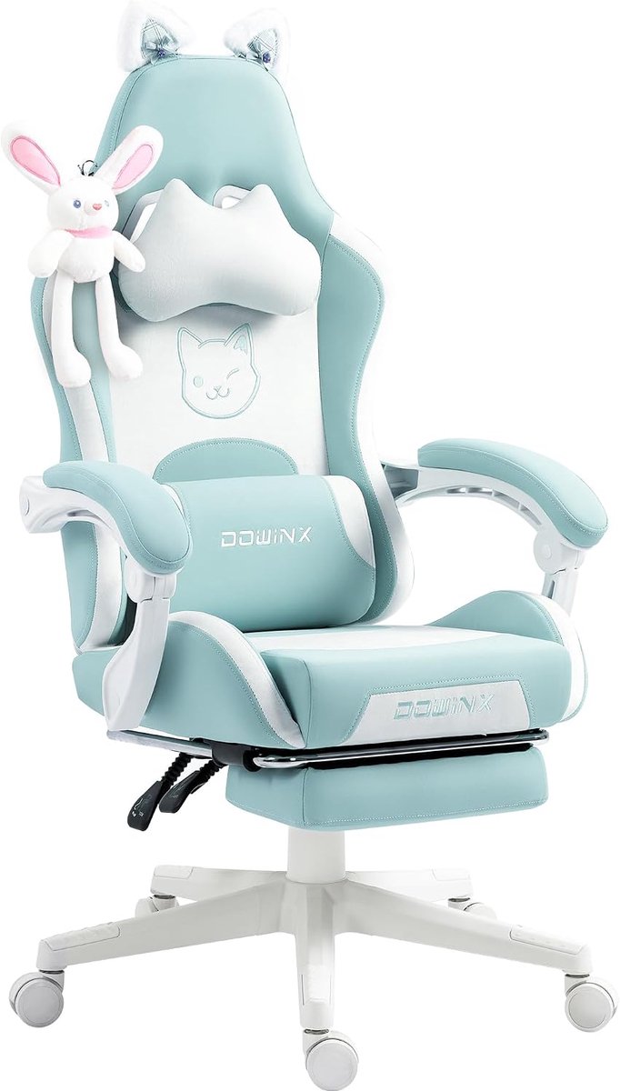 Dowinx Gaming stoel - Cute Bureaustoel - Kattenoren en konijnaccessoires - Verstelbare rugleuning en armleuningen - Voetsteun – PU leer - Voor gamen en kantoor - Max 150 kg - 1 stuks - Mintgroen
